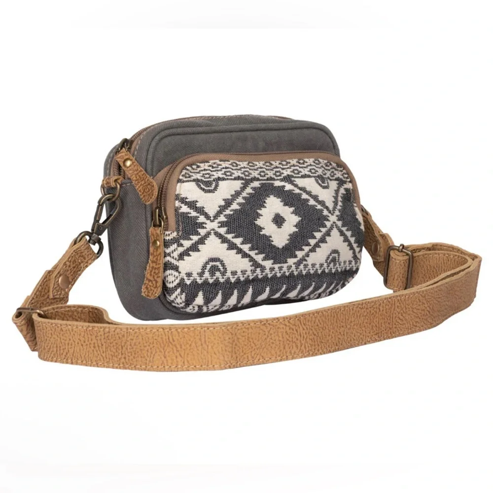 NWT Myra Bag Aztec Patterned Leather & Canvas Crossbody Bag w/ Adjustable Strap
